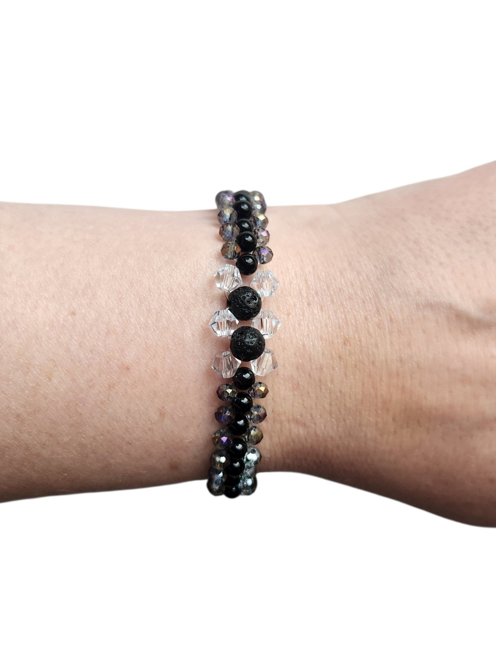 Black Agate & Lava Rock Bracelet With Glass Bead Accents